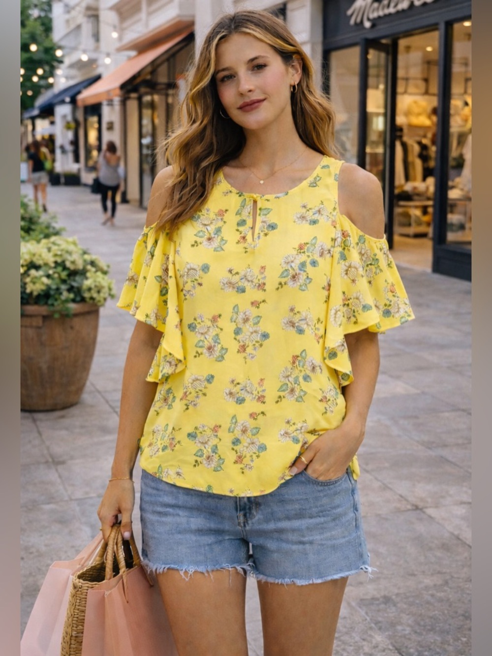 NWT floral print top‎ Max Studio ruffle sleeve bright yellow top spring summer